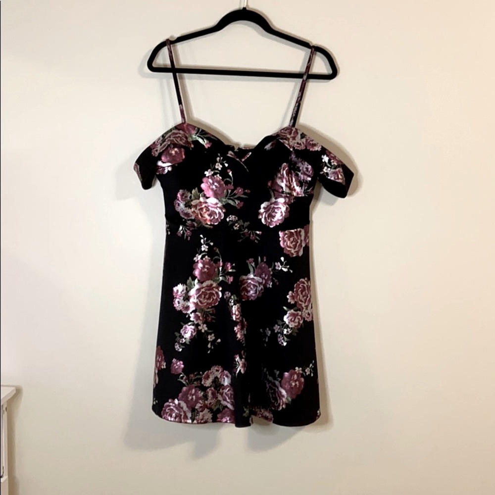 A line off the shoulder black floral dress